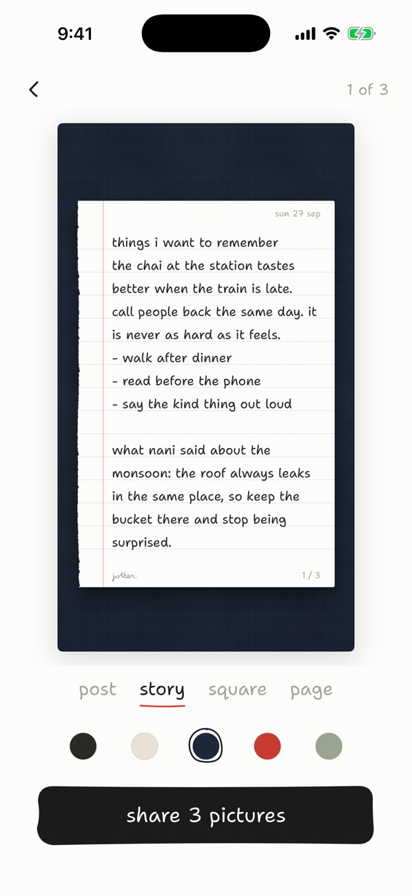 Sharing a page: the page torn out along its edge and laid on dark cloth